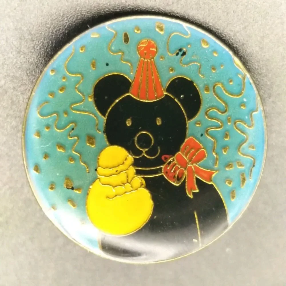 Vintage Enamel Birthday Party Bear Pin - Black Teddy Bear with Party Hat & Bow